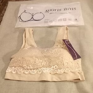 Iviestin Lace Floral Trim Beige Sports Bra Size Large (W/Removable Padding) NEW